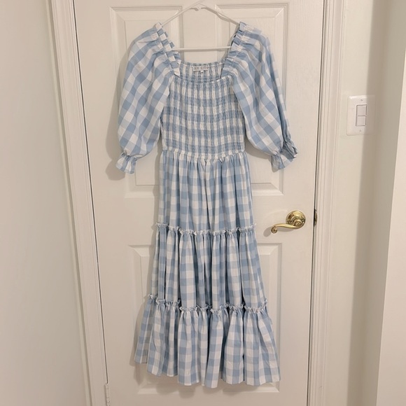 Ivy City Co Mia Blue Cotton Gingham Midi Dress Smocked Puff Sleeve New Size XXS - Picture 5 of 14